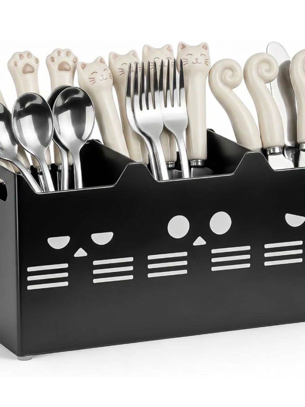 Cute Cat Cutlery Holder with Cream Cat-Handle Flatware